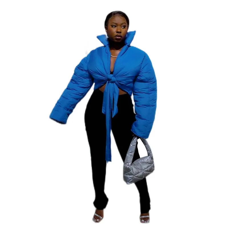 Autumn and Winter New Women's Standing Collar Solid Color Cardigan Laced Short Sections of Cotton Clothing Windproof Warm Jacket