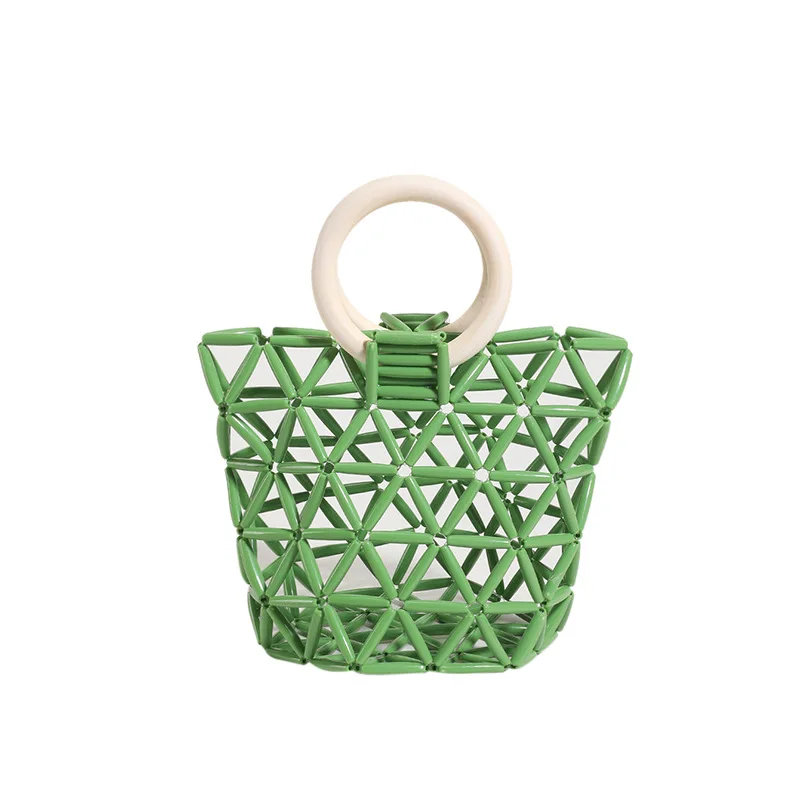 Summer Mini Acrylic Beaded Handbag Bucket Bag with Round Handle Hollow Out Design Girls Small Bag Seaside Beach Bag Sac A Main