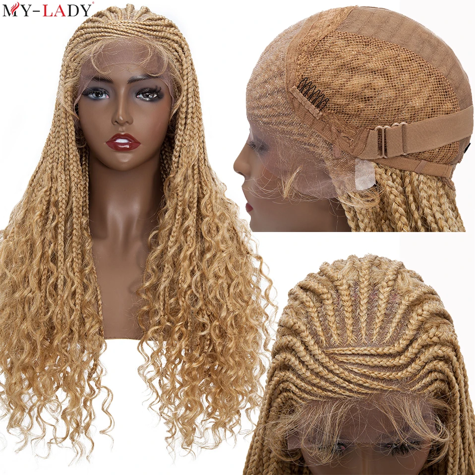 My-Lady Synthetic 26'' Box Braids Wig With Curly Ends Braided Lace Front Wig With Baby Hair Cornrow Wig For Black Women Afro Wig