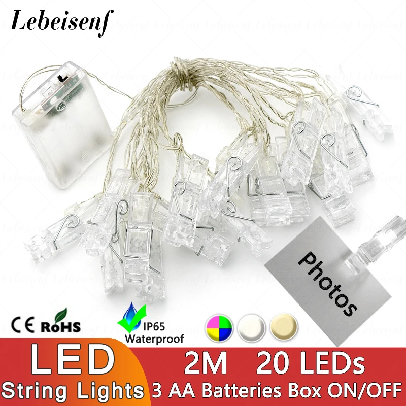 

2M LED Photo Clip Copper String Light 3 AA Battery Powered Pictures Bedroom Wall Patio Thanksgiving Christmas Party Wedding Lamp
