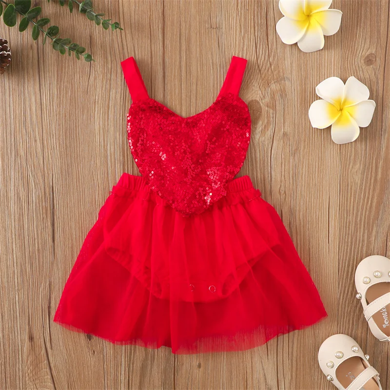 

Baby Girls Valentine's Day Romper Infant Solid Color Sequin Heart Sleeveless Sling Backless Mesh Tulle Jumpsuits
