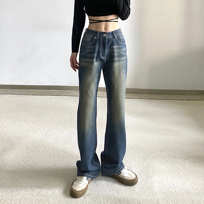 

New Women Distressed Straight Leg Tie Dye Blue High Waist Jeans Zip Button Closure Casual Everyday Street Trousers With Pockets
