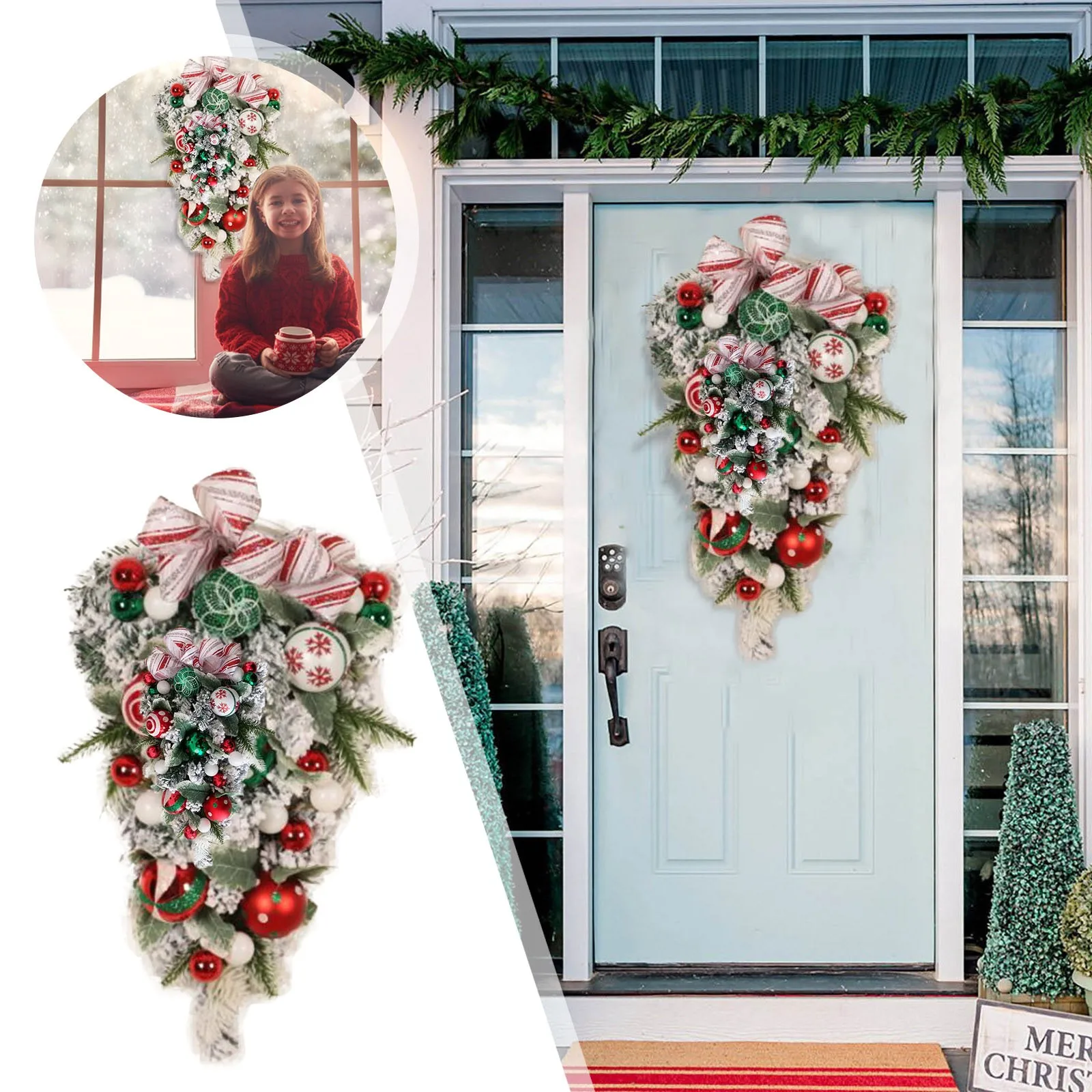 

2022 Christmas Wreath Decorations PVC Upside Down Tree Simulation Flower Wreath Door Front Wreath for Front Door with Lights