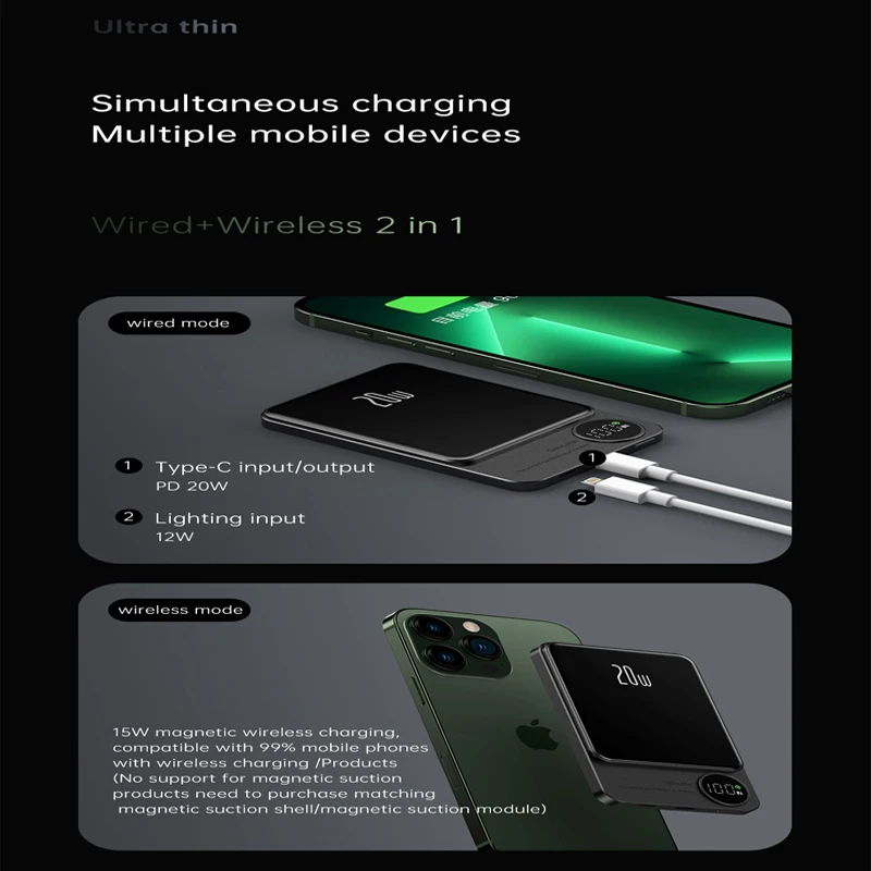 2023 Wireless Power Bank Magnetic 30000mAh Portable Powerbank Type C Fast Charger For iPhone 14 Xiaomi Samsung Magsafe Series