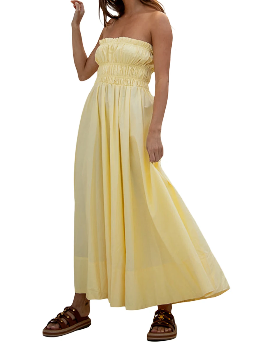 

Женское платье макси без бретелек, однотонное цветочное ТРАПЕЦИЕВИДНОЕ ПЛАТЬЕ с оборками и открытыми плечами, Пляжное коктейльное платье