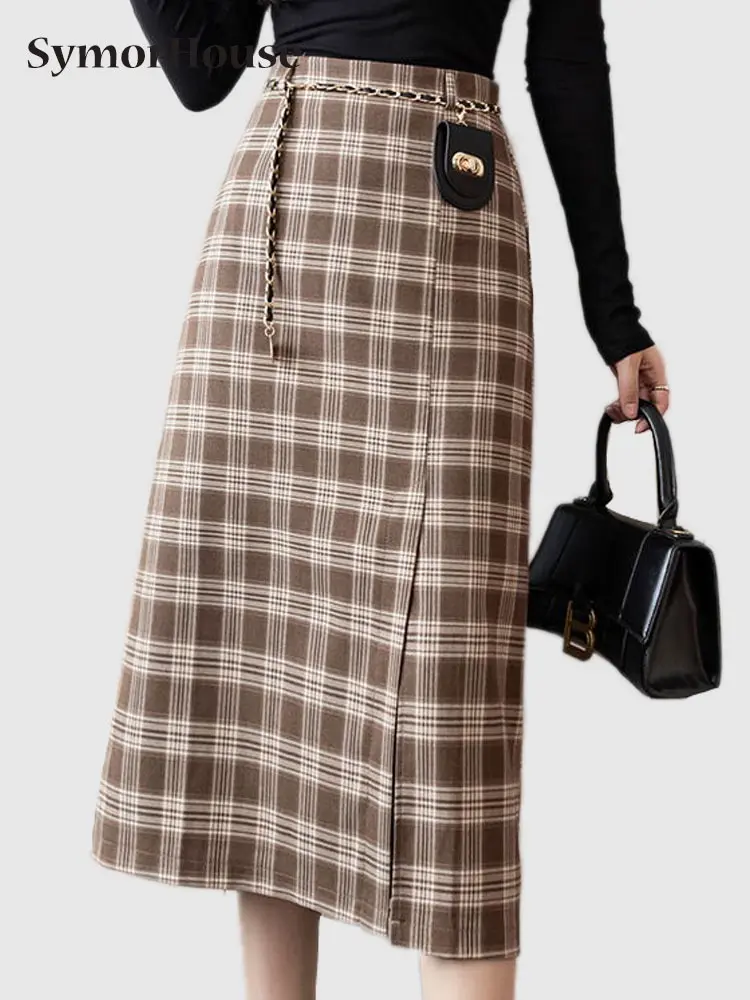 

Юбка женская трапециевидная клетчатая, винтажная Повседневная Уличная одежда с завышенной талией, с запахом, средней длины, на все сезоны