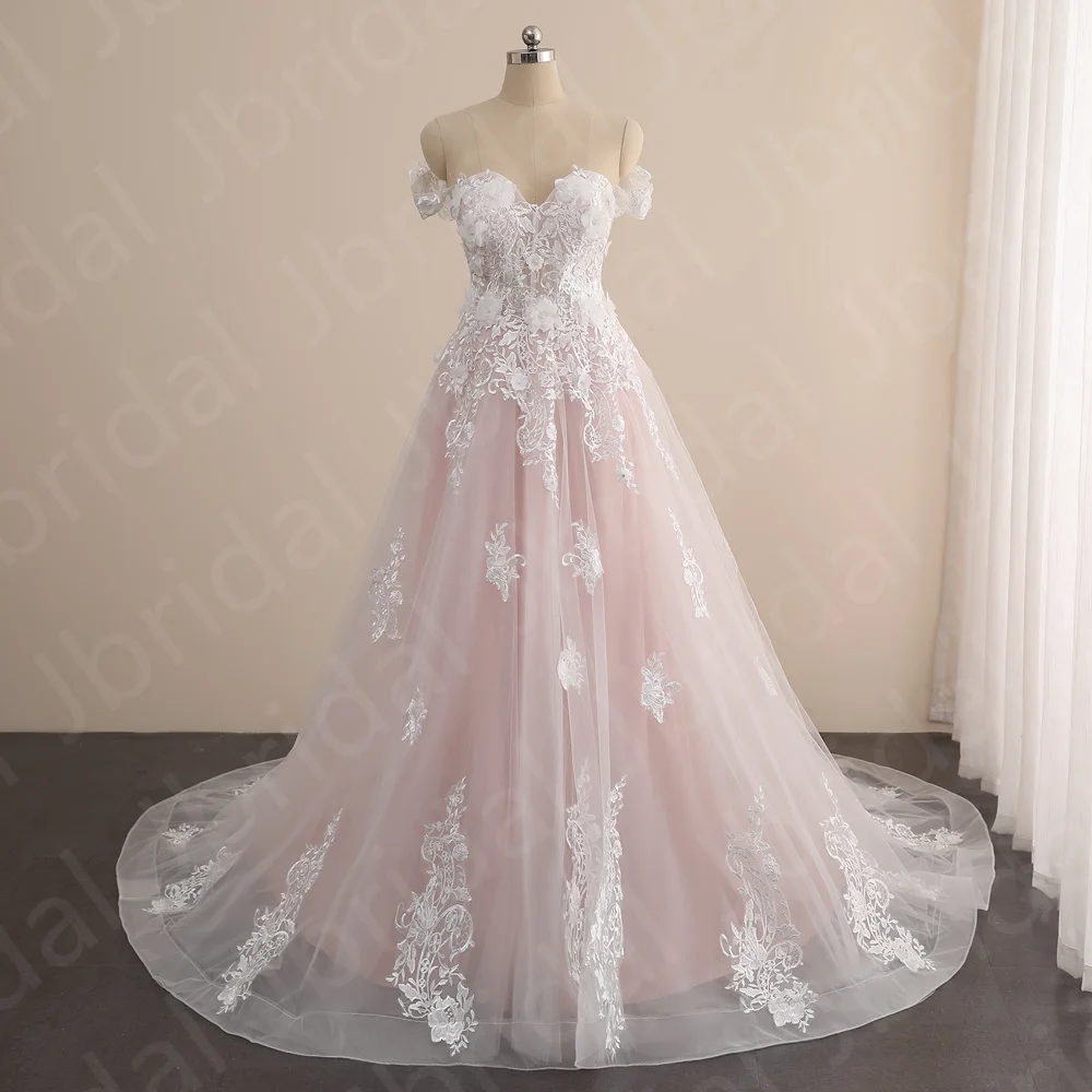 

Princess Blush Pink Wedding Dresses Lace Off Shoulder Wedding Gowns Sweetheart Corset Back Bridal Dresses 2022 Florals Appliqued