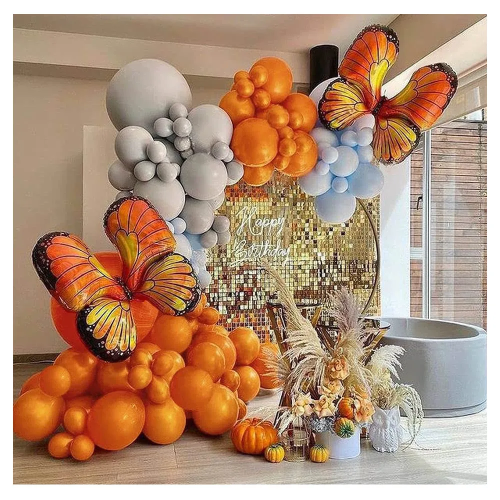 

126pcs Orange Butterfly Foil Balloon Garland Arch Kit Macaron Blue Gray Latex Balloons Autumn Thanksgiving Fall Party Decoration