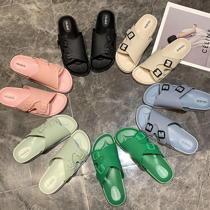 Summer Solid Buckle Female Slippers PVC Anti Slip Fashion Women's Flip Flops 2023 Waterproof Outdoor Pool Female Beach Shoes