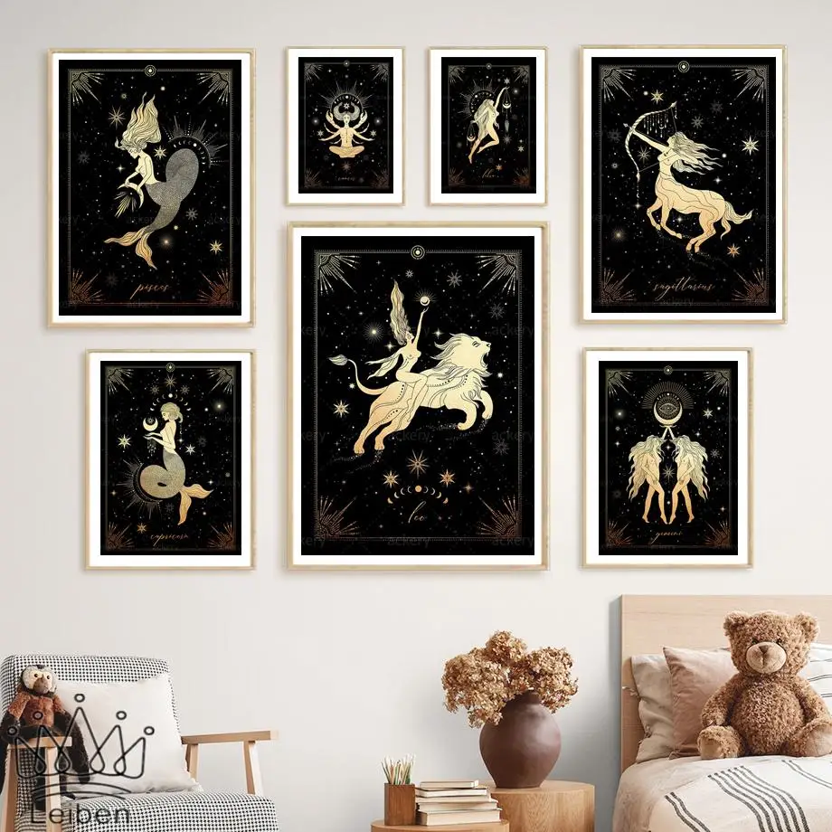 

Twelve Constellation Poster Boho Astrology Black Gold Canvas Painting Gemini Aries Libra Virgo Scorpio Cancer Picture for Decor