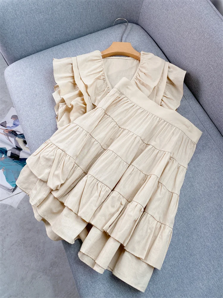 Ruffled Linen Skirt For  2022 Summer New Pleated Fashion Simple Commuter Waist High Waist Skirt