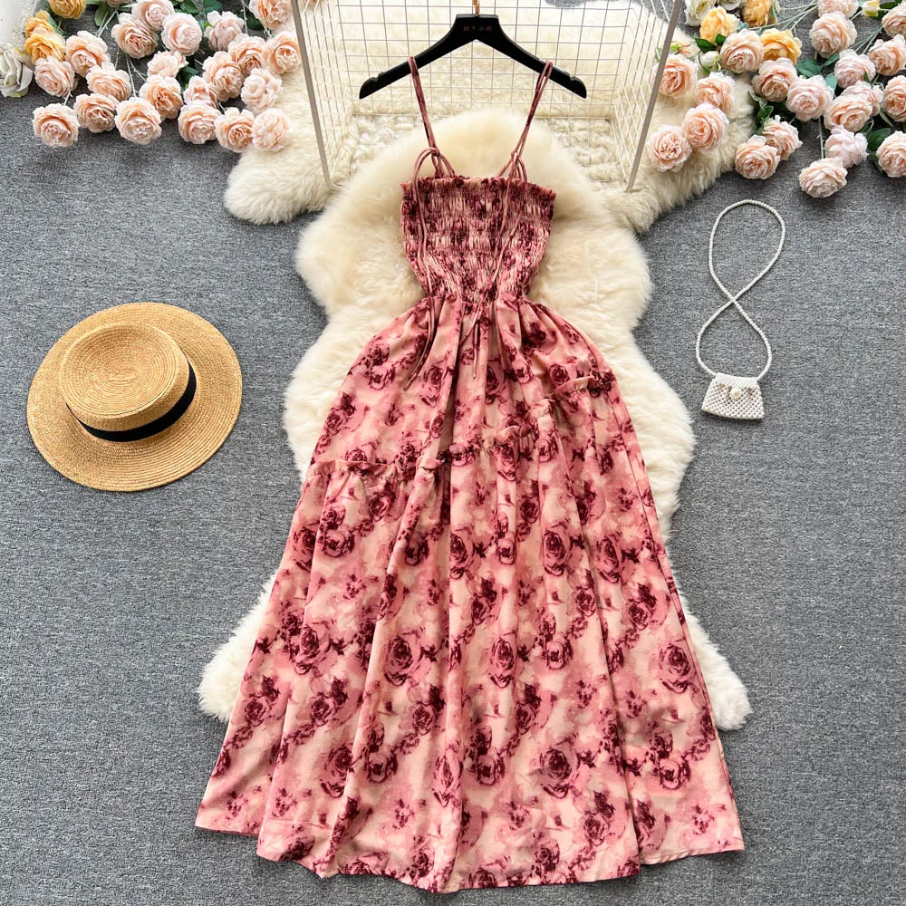 

Summer Atmosphere Fragmented Flower Strap Dress Lace Up Pleated Small High End Dress