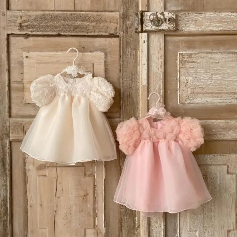 

Baby Girl Sweet Lace Breathable Yarn Dress Kid Soft Flower Puff Sleeves Dresses Toddler Girl New Exquisite Princess Dresses