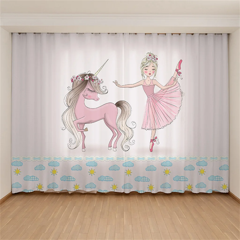 

3D Digital Print Modern Fashion Ballet Dancing Girl Child Bedroom Sunshade Thin Drapes Pink Unicorn Princess Curtains Home Decor