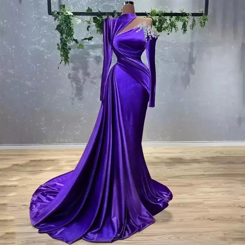 

Sexy Mermaid Purple Evening Dresses With Beaded Crystals Long Sleeve Satin Party Occasion Gowns Pleats Ruffles Prom Dress Wears