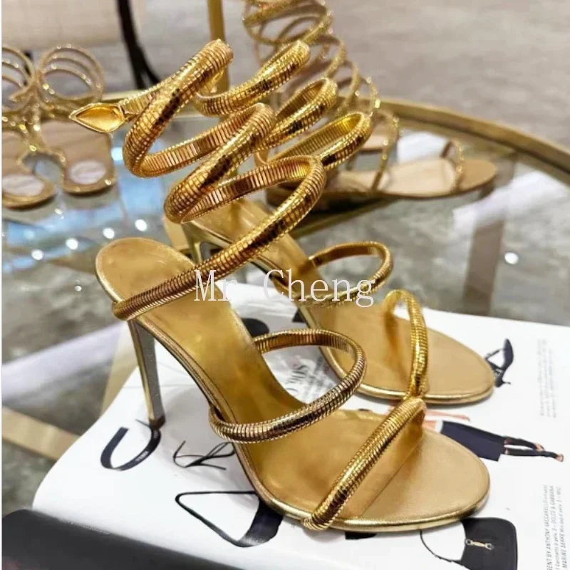 Летние модные сандалии на высоком каблуке со змеиным ремешком женские туфли