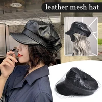 fashion british pu leather mesh beret women vintag mesh veil pumpkin captain hat elegant flat top sailor hats all match beanie