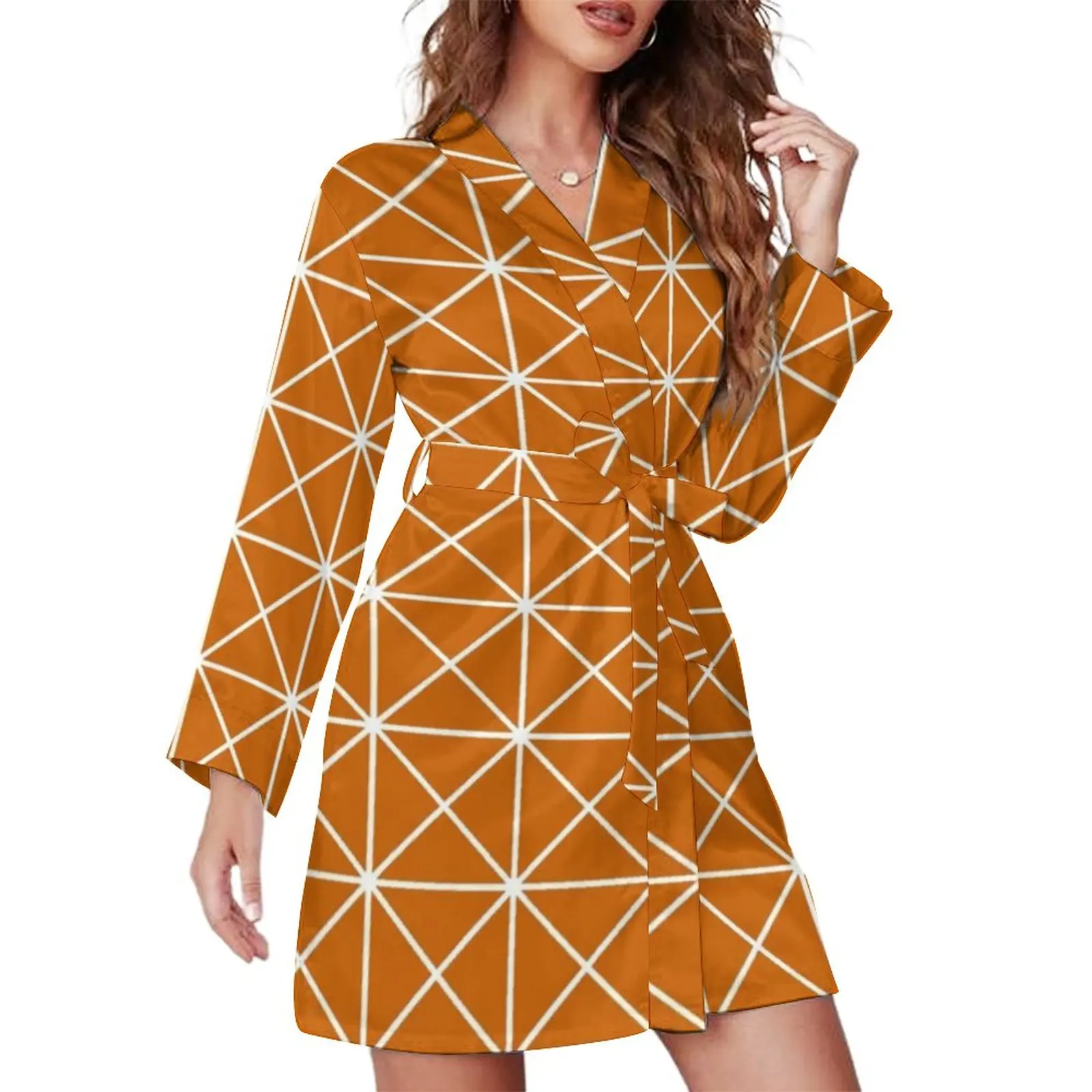 

Nordic Pattern Orange Pajama Robe Women Stripe Lines Print Casual Sleepwear Long-Sleeve V Neck Pajamas Robes Autumn Trendy Dress