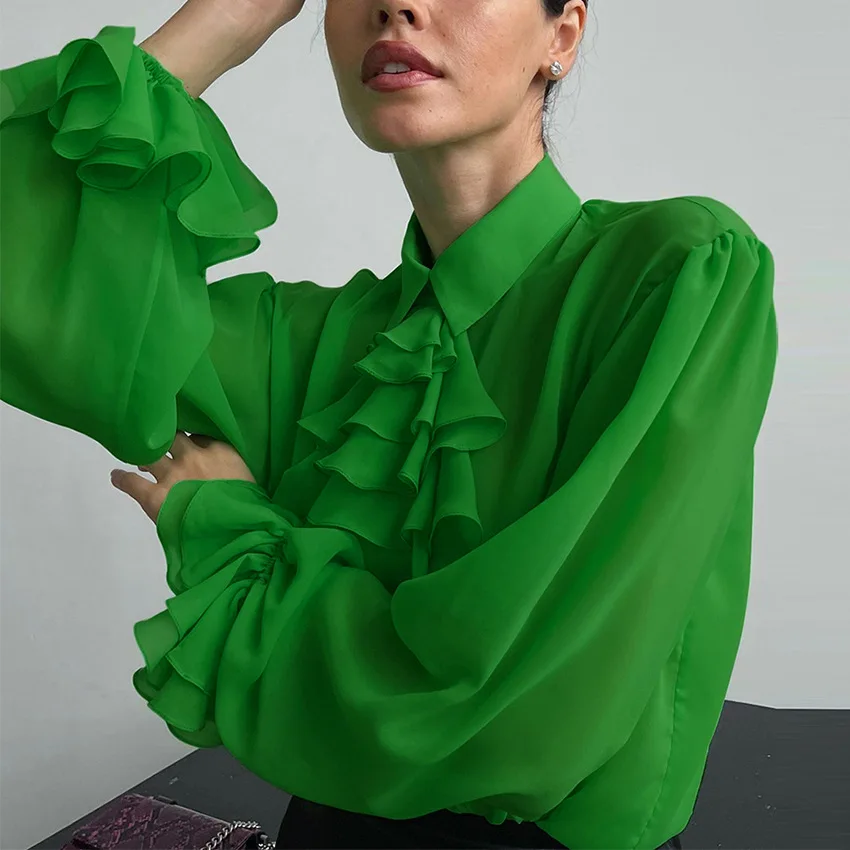 

New Female Blouse Chiffon Shirt for Women Perspective French Unique Design Sense Ruffles Detachable Fashion Cardigan Women Tops