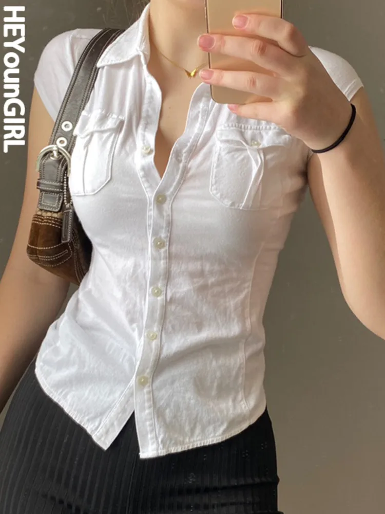 

HEYounGIRL Повседневный базовый женский элегантный укороченный топ уличная мода на пуговицах летняя белая футболка облегающая Офисная Женская ...