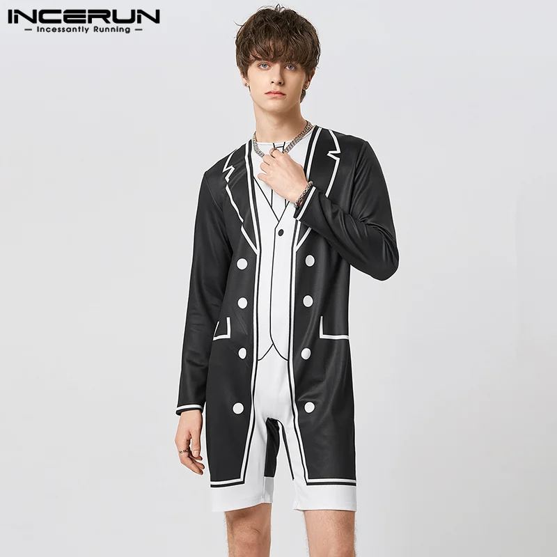 

Handsome Men's Jumpsuit INCERUN 2Color Contrast Rompers Casual Stylish Male All-match Printed Long-sleeved Jumpsuits S-5XL 2023