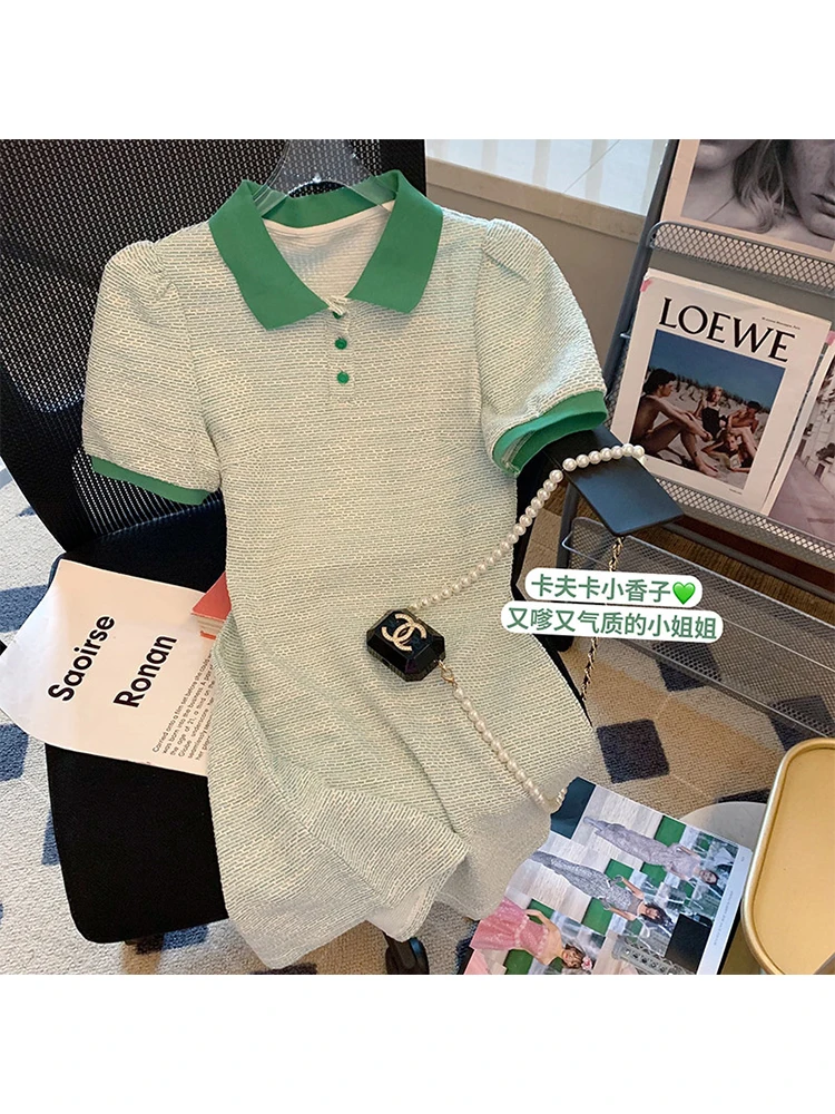 

Новинка лета 2023, женское слитное платье-трапеция с отложным воротником и коротким рукавом в винтажном французском стиле, приталенное мини-платье в стиле ретро, уютное и шикарное