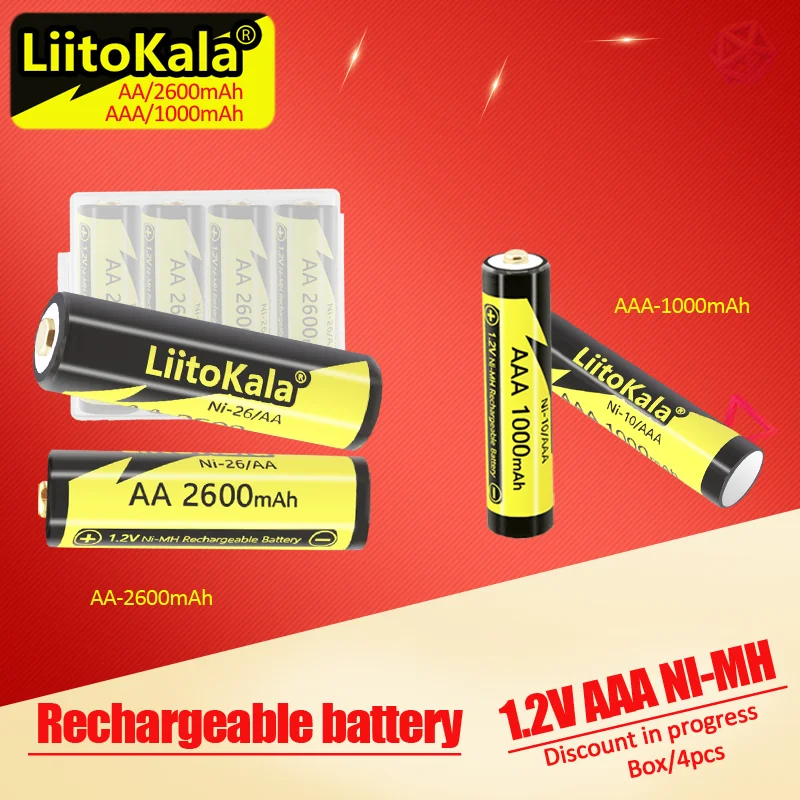 

LiitoKala AAA 1000mAh/AA 2600mAh 1.2V Ni-MH Rechargeable Battery for Temperature Gun Remote Control Mouse toy with box 10PCS