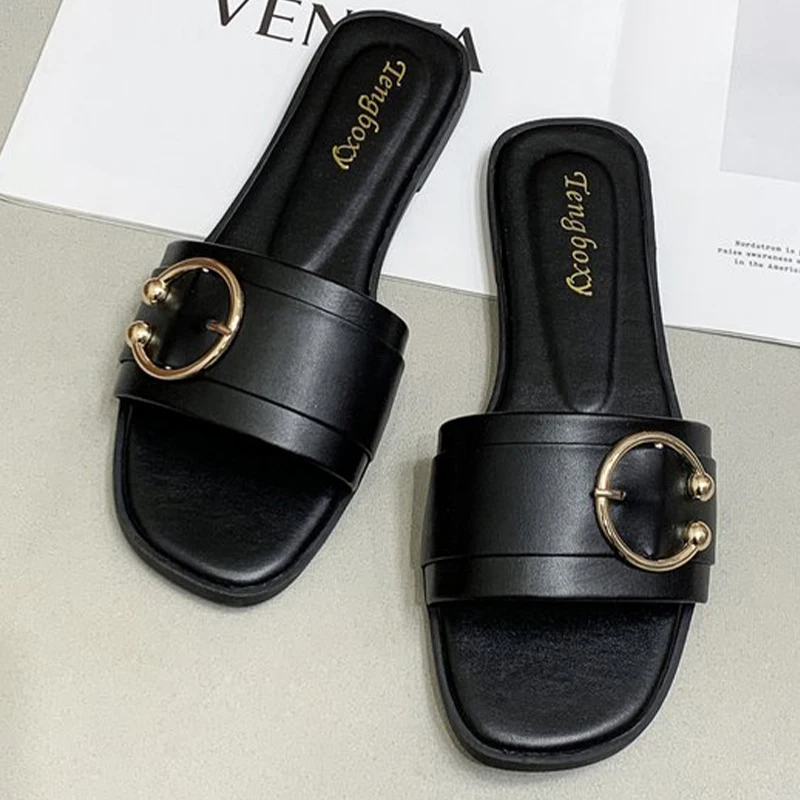 2023 Women Slipper Flat Bottom Non-slip Buckle Decor Outdoor Open Toe Beach Female Sandal Sexy Fashion Design Slides Woman Shoes