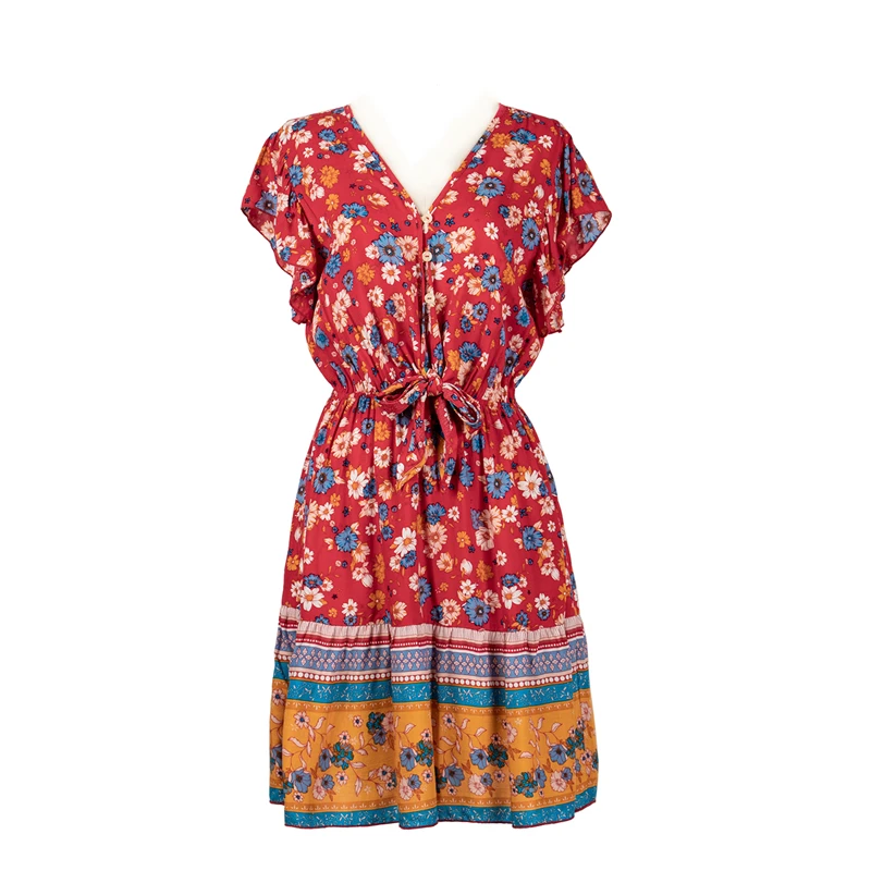 

Summer Casual Chic Bohemian Short Skirt 2022 Women's New Lace Up V-neck Printed Dress Beach Holiday Loose Plus Size Ethnic Style