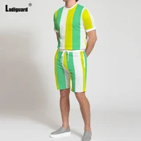 ladiguard plus size men shirts sets 2022 summer fashion stripes two piece sets elastic waist shorts outdoor casual sportwear man