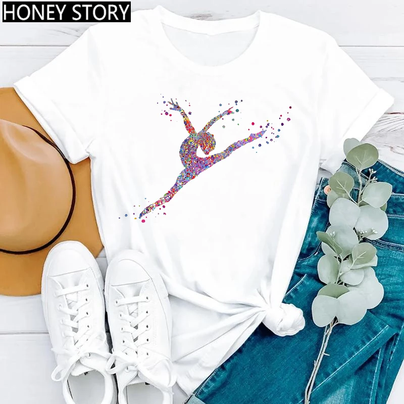

Vintage Women'S T-Shirt Watercolor Ballerina Dancer Print Tshirt Femme Aesthetic Clothes Summer Fashion Short Sleeve T Shirt