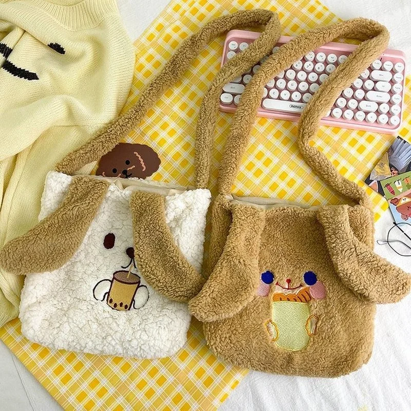 

Autumn Winter 2022 Hand Carry Big Ear Cute Animal Embroidery Shoulder Bags Simple Lamb Fleece High Capacity Student Bag