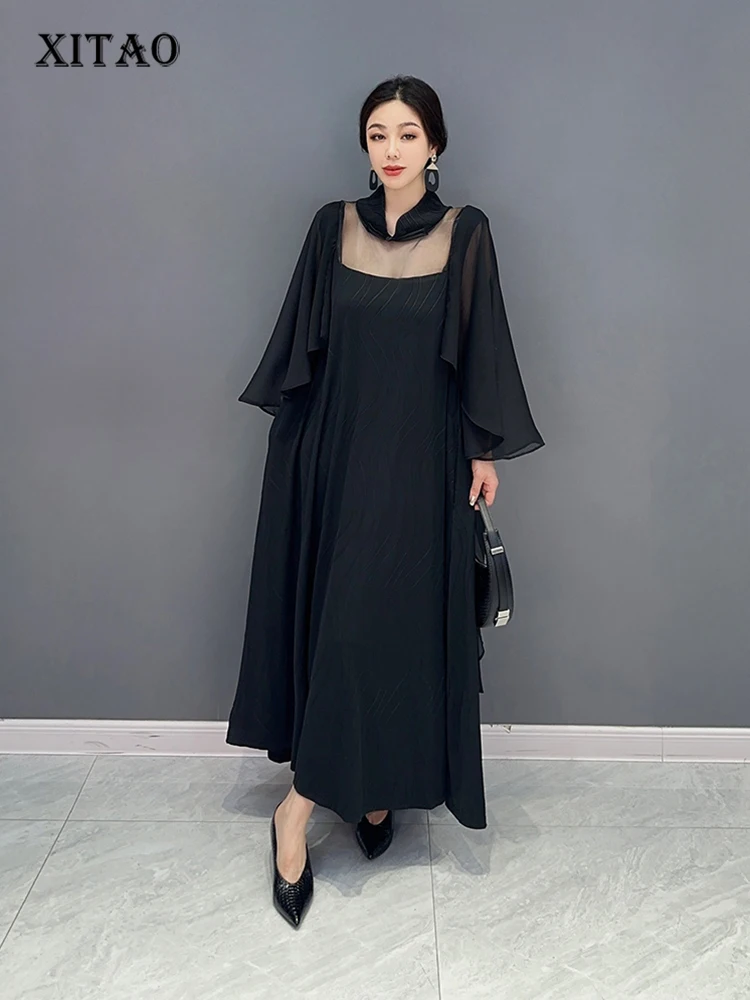 

XITAO Black Chiffon Bat Wing Sleeve Dress Perspective Gauze Stand Collar Splicing Big Hem Dress New Temperament Women HQQ0134