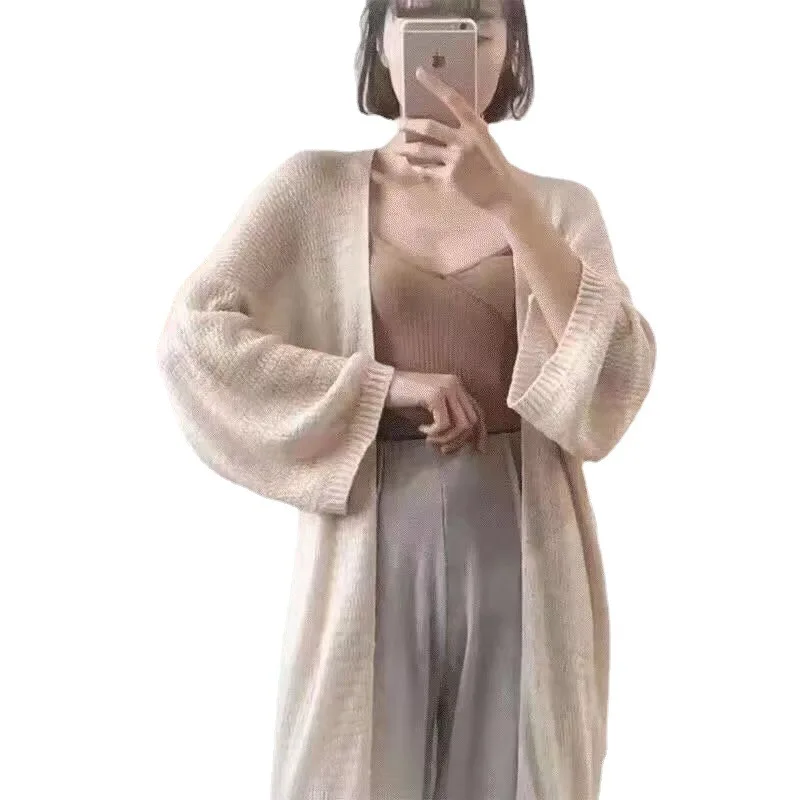 Летний длинный свободный кардиган пальто женский тонкий вязаный свитер с