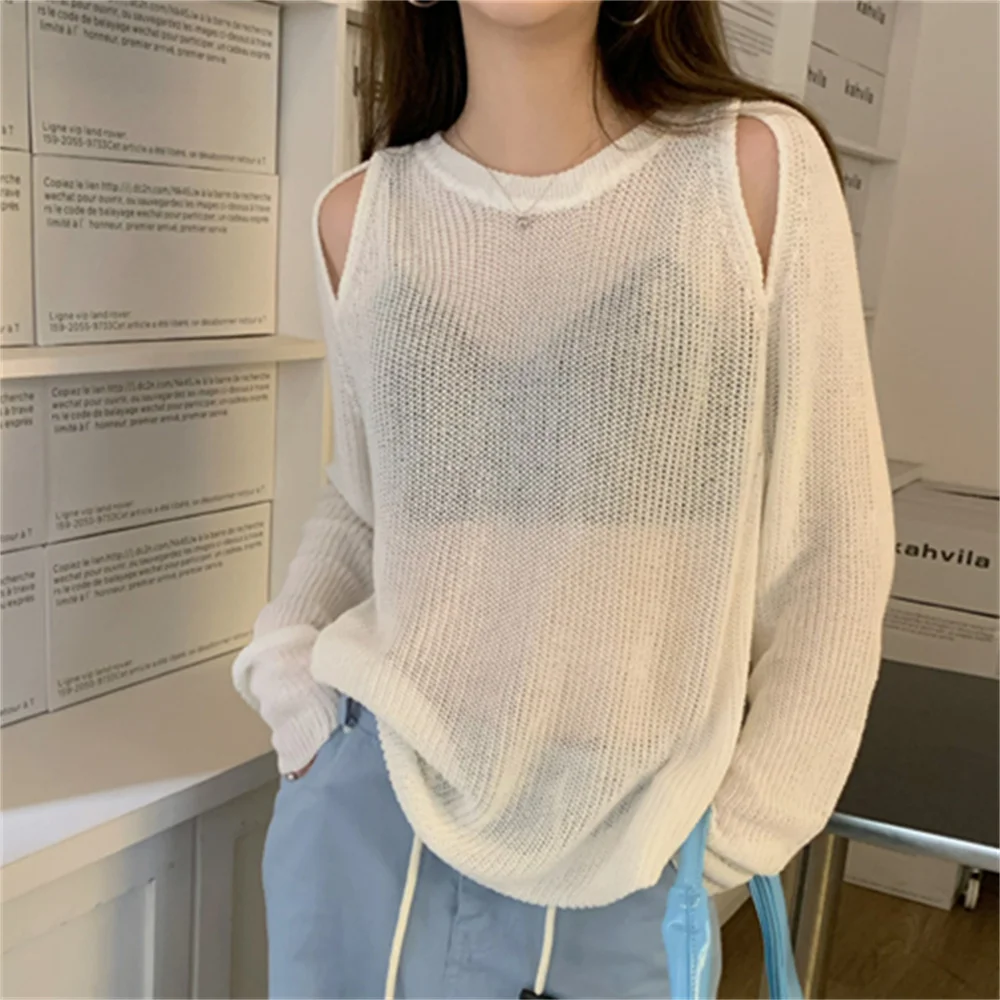 

Alien Kitty New Off Shoulder Knitted Women Sweaters Tees Sunscreen Oversize Fashion Hollow Out Loose Chic Casual All Match Tops