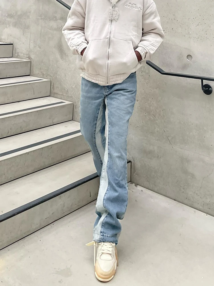 Baggy Jeans Men Fashion Side Stripes Aesthetic Jean Trousers Vaqueros Y2K Autumn Light Blue Distressed Straight Leg Denim Pants
