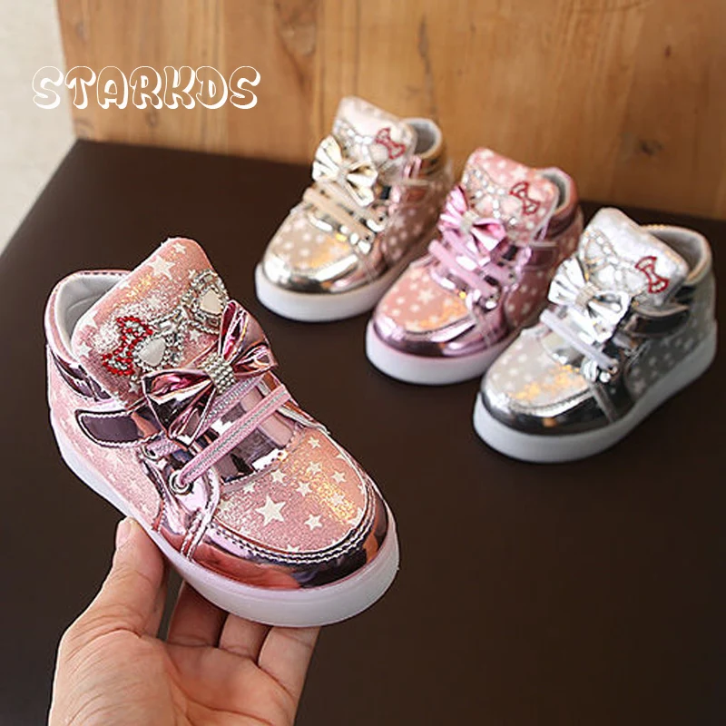 LED Light-up Shoes Girls High Cut Glowing Sneakers Kids Crystal Star Luminous Princess Chaussures Toddler Basketball Zapatos