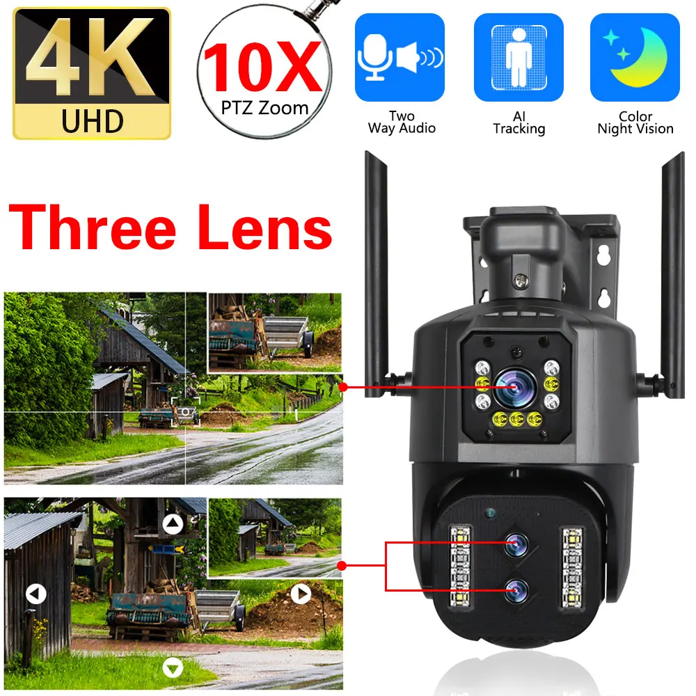 

4K 8MP Binocular IP Camera Outdoor WiFi PTZ Three Lens Dual Screen Two-Way Audio 10X Hybrid Zoom Auto Tracking Security CCTV Cam