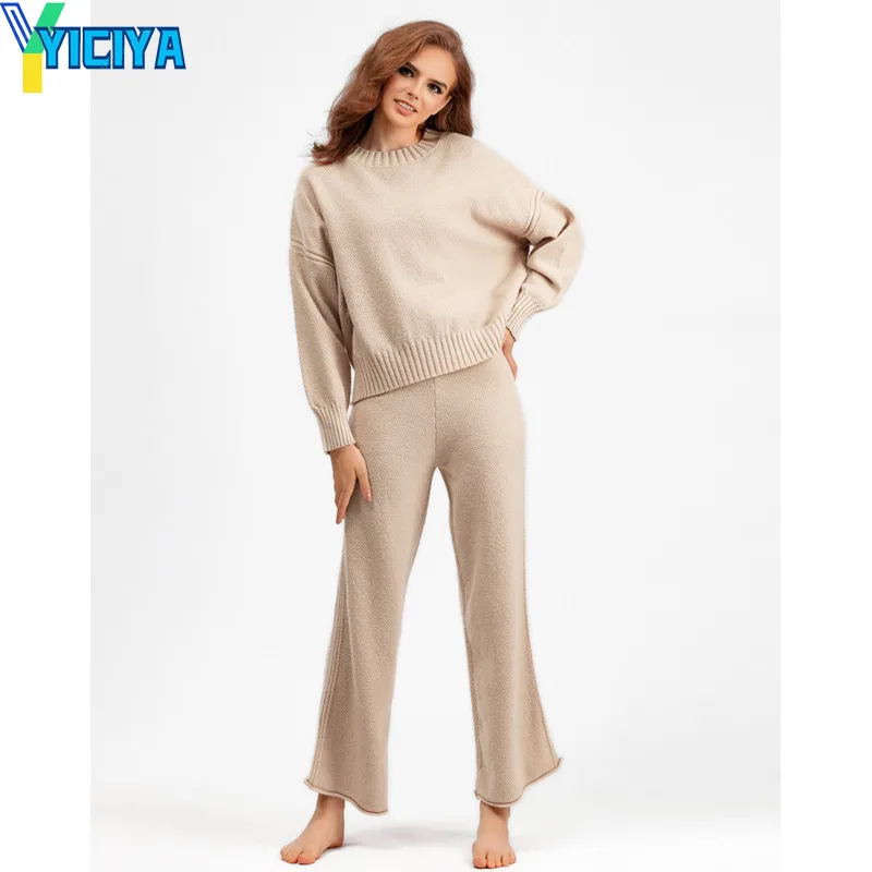

Женский трикотажный комплект из двух предметов YICIYA, Топ с длинным рукавом и вязаные брюки, элегантные женские комплекты
