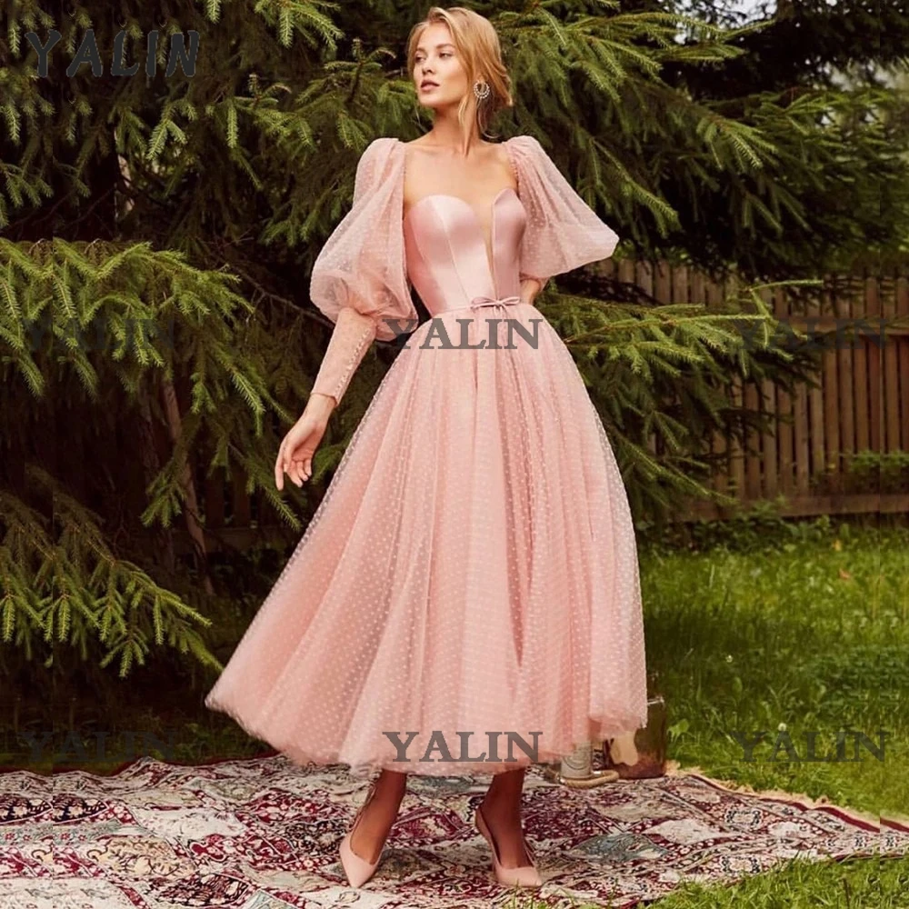 

YALIN Puff Long Sleeves Prom Dress Tea-Length Polka Dotted Tulle Graduation Dresses Sweetheart A Line Lace-up Party Gown