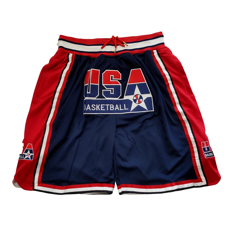 Basketball Shorts USA 1992 Zipper four pockets Sewing Embroidery Outdoor Sport Shorts High-Quality Beach Pants WHITE Blue 2023