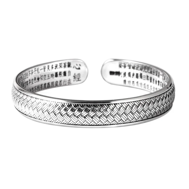 

10mm Width Real Silver Simple Trendy Weave Buddhist Mind Sutra Bangle Men Women S999 Sterling Sliver Open Bangles Jewelry Gift