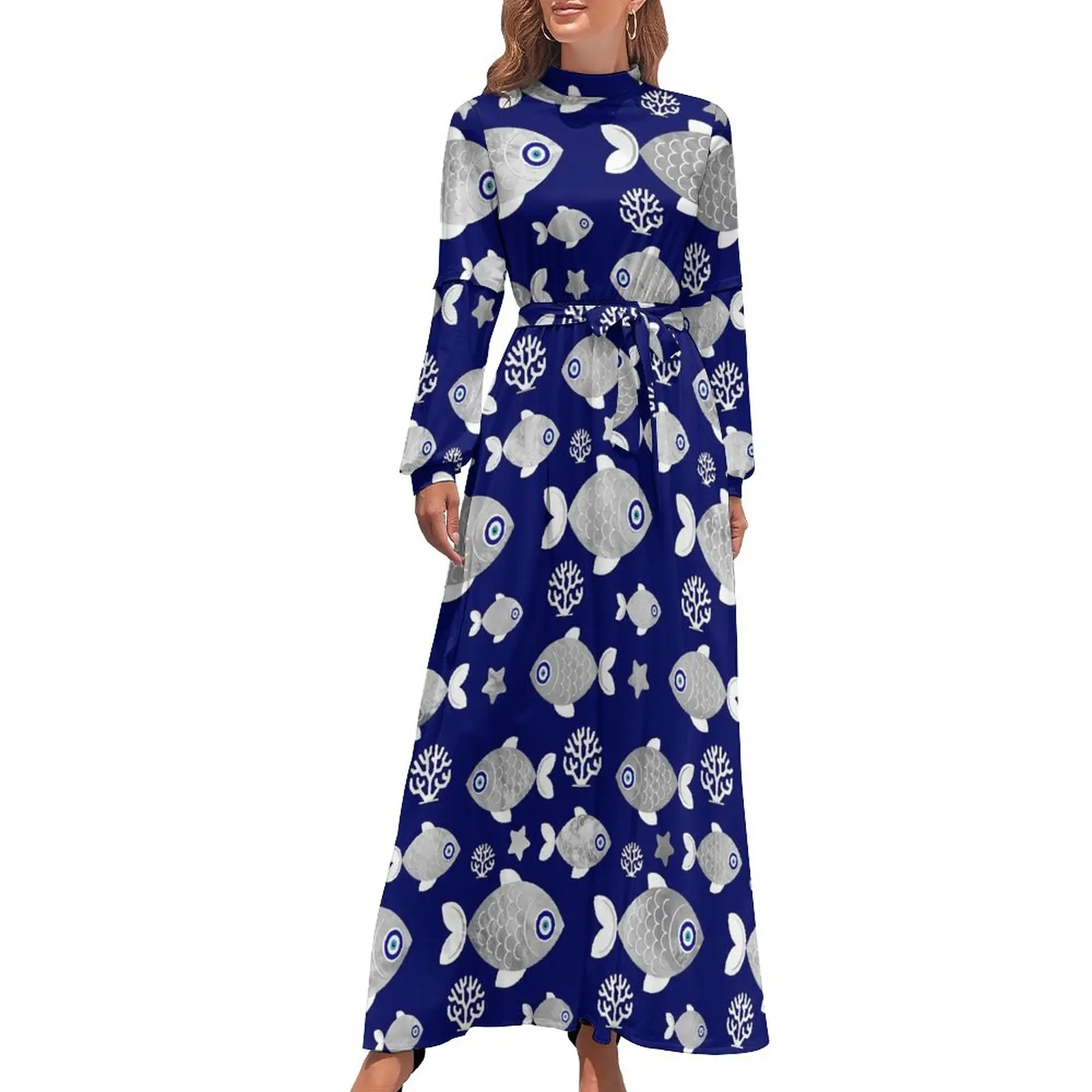 

Fish Evil Eye Dress Animal Print Elegant Maxi Dress Korean Fashion Bohemia Long Dresses High Waist Custom Vestidos