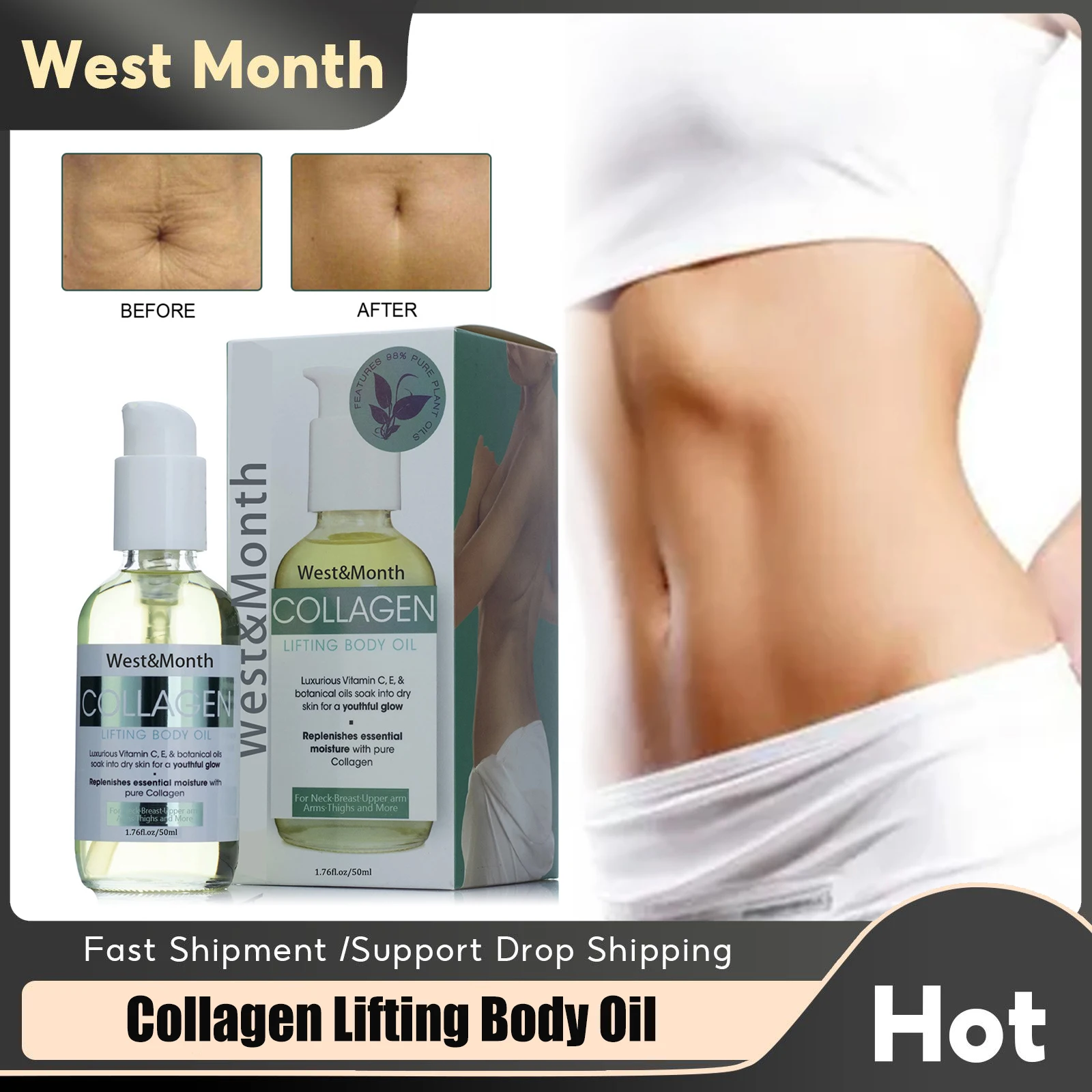 

Collagen Lifting Body Oil For Neck Shoulders Arms Thighs Legs Anti Cellulite Burning Fat Shape Abdomen Improve Firm Nourish Skin