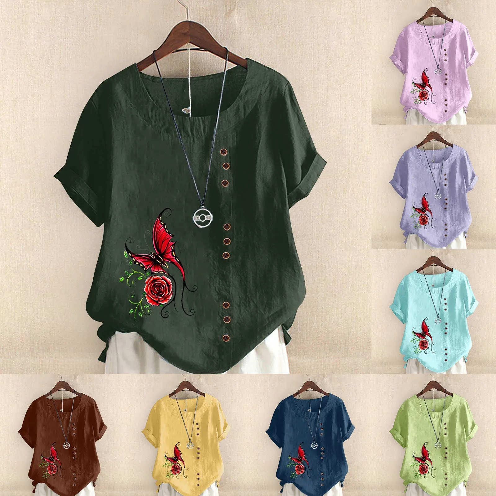 

Women's Printed Round Neck Raglan Sleeve Hem Slit Loose Short Sleeve Button Decoration Shirt Sun Protection Clothing Women