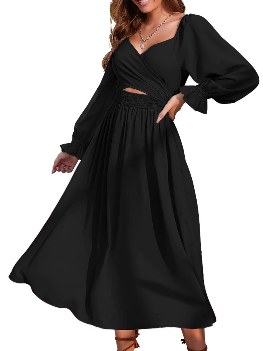 

Женское платье-миди с длинным рукавом-фонариком и V-образным вырезом