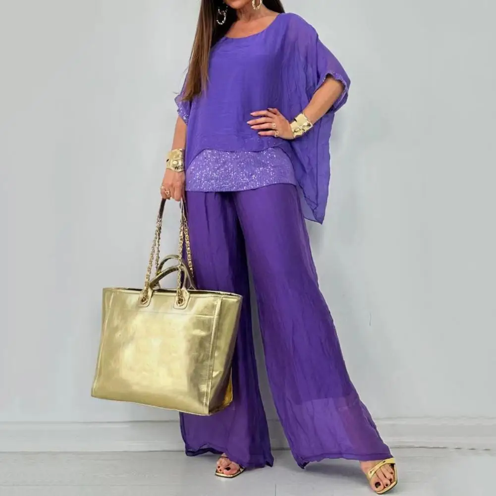 Женский комплект из топа с блестками и брюк широкими штанинами для женщин наряд