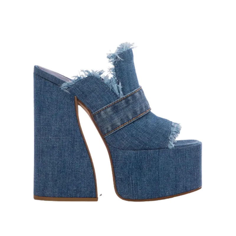 Women's Summer Runway Sexy Sandals Female Crude Heel Peep Toe Denim Shoes Lady Thick Platform Round Toe Slippers Big Size 35-43
