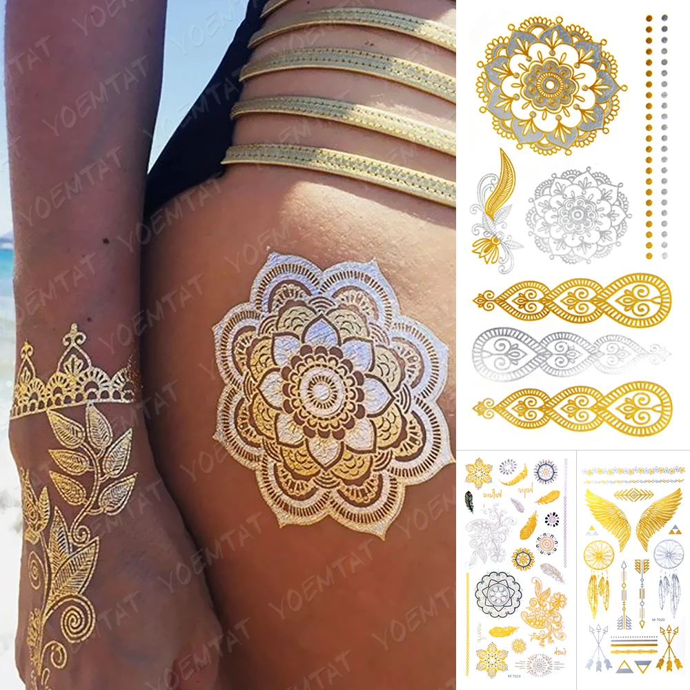 

Waterproof Temporary Tattoo Sticker Flower Mandala Henna Gold Silver Metallic Flash Tatoo Boho Wings Feather Glitter Bracelet Bo
