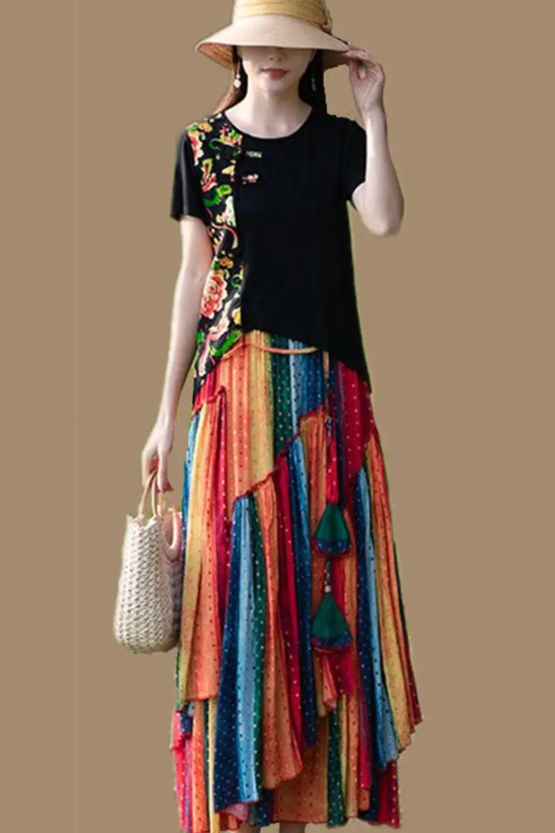 2022 Spring Summer Ethnic Style Retro Large Size Cotton And Linen Striped Skirt Irregular Women Faldas De Mujer Largas h868 images - 6